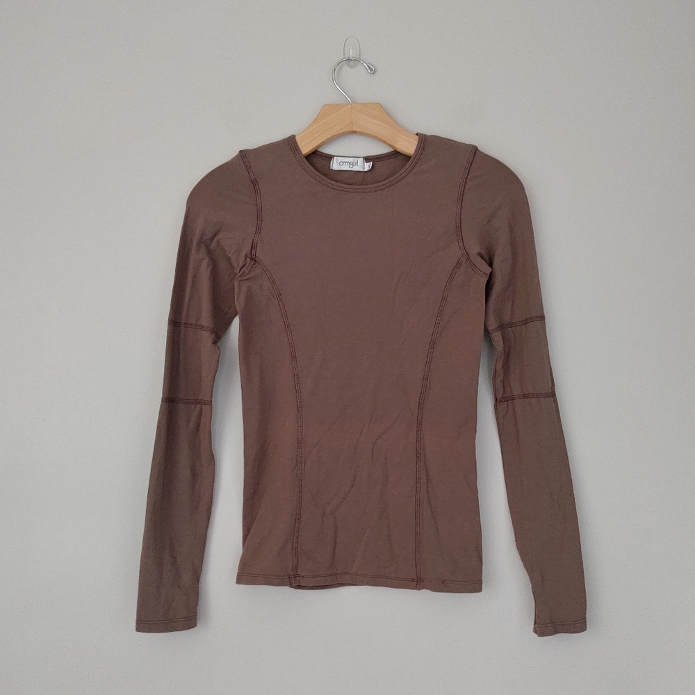 Omgirl Long Sleeve Shirt Brown Seam Details Size Small Yoga Top